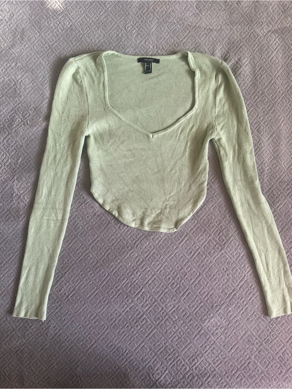 Forever 21 Light Sage Long-Sleeve V Neck Crop Top